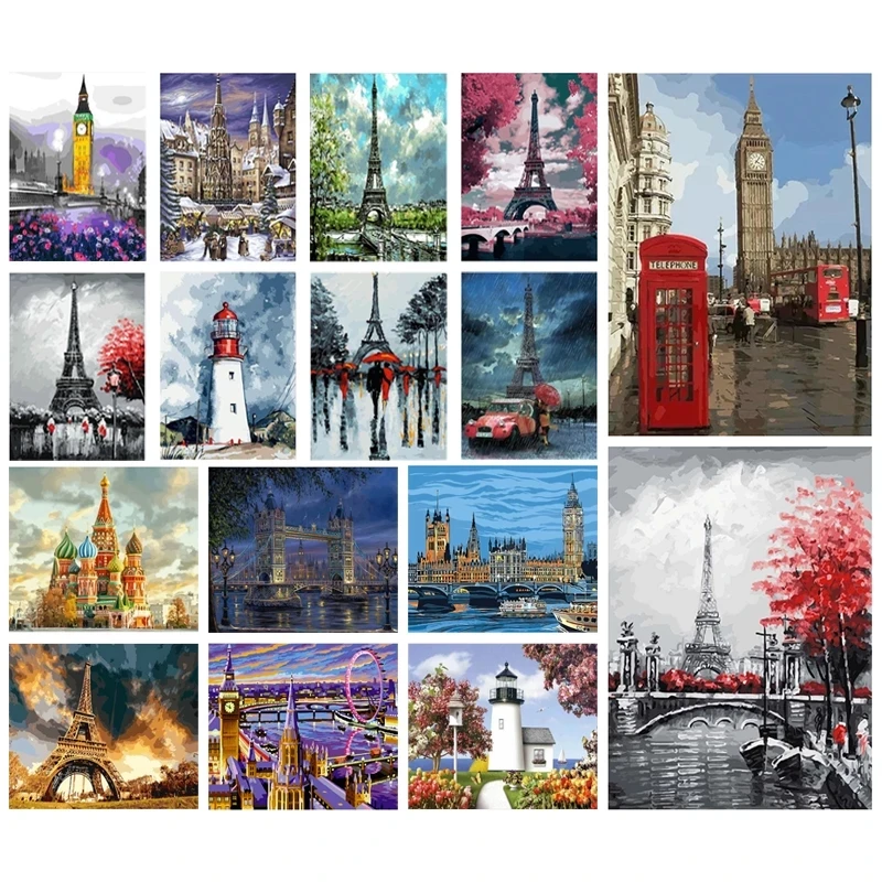 

Eiffel Tower Big Ben Diamond Embroidery Lighthouse Diy Diamond Decor 5D Paris Street Scene Full Square Round Rhinestone Mosaic