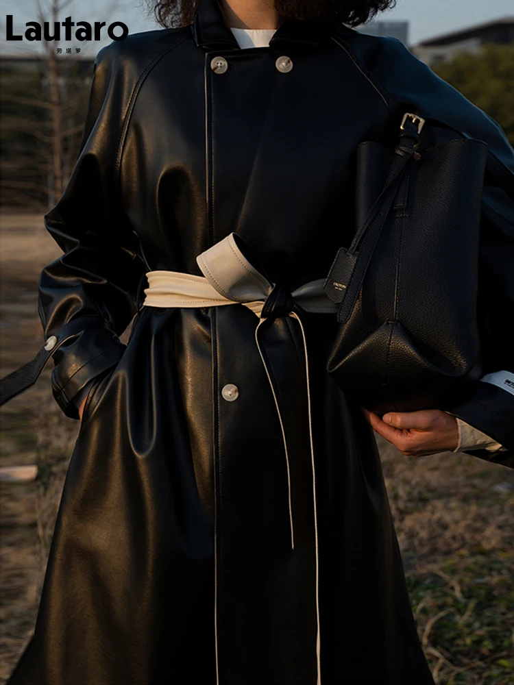 Lautaro весна осень длинный мягкий плащ из искусственной кожи для женщин с рукавами