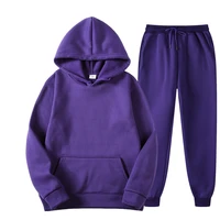 fashion men sets solid color casual sportswear lining trousers jogging two piece suit plus fleece long sleeve hooded sweater