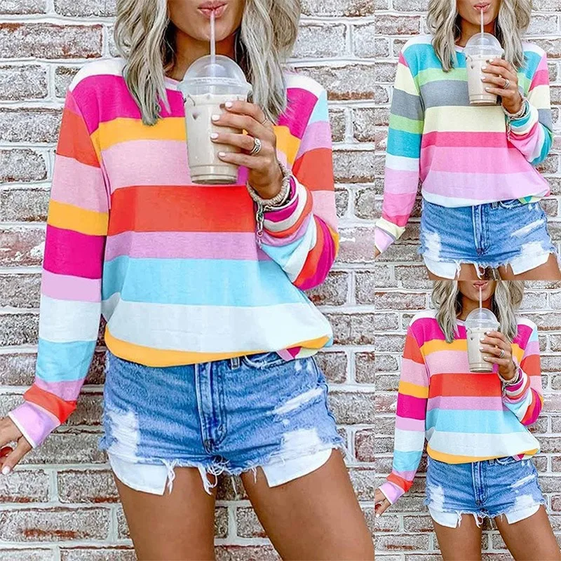 

2020 Autumn and Winter Multicolor O Neck Women Tops Fashion Long Sleeves Stripe T-shirt