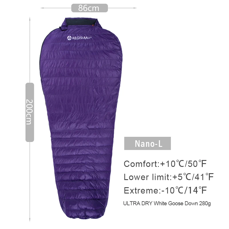 NANO PURPLE LONG AEGISMAX NANO Открытый Кемпинг Сверхлегкий Палатка Мумия белый гусиный пух три сезона спальный мешок нейлоновый мешок портативный Сращивание - Цвет: NANO PURPLE LONG