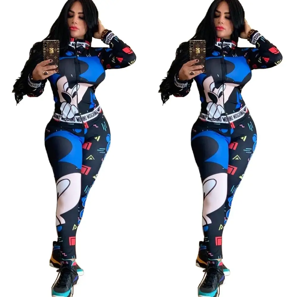 Fashion tide cartoon spliced lady sports suit full sleeve jackets and skinny pants 2 piece set casual sweatsuit | Женская одежда