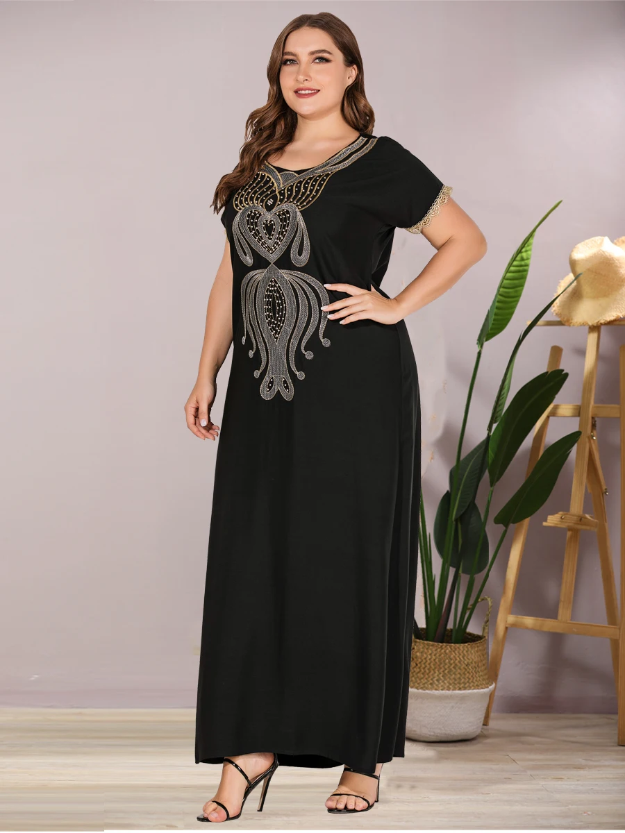 

Plus Size Dresses Casual Embroidery O-Neck Batwing Sleeve Maxi Dress