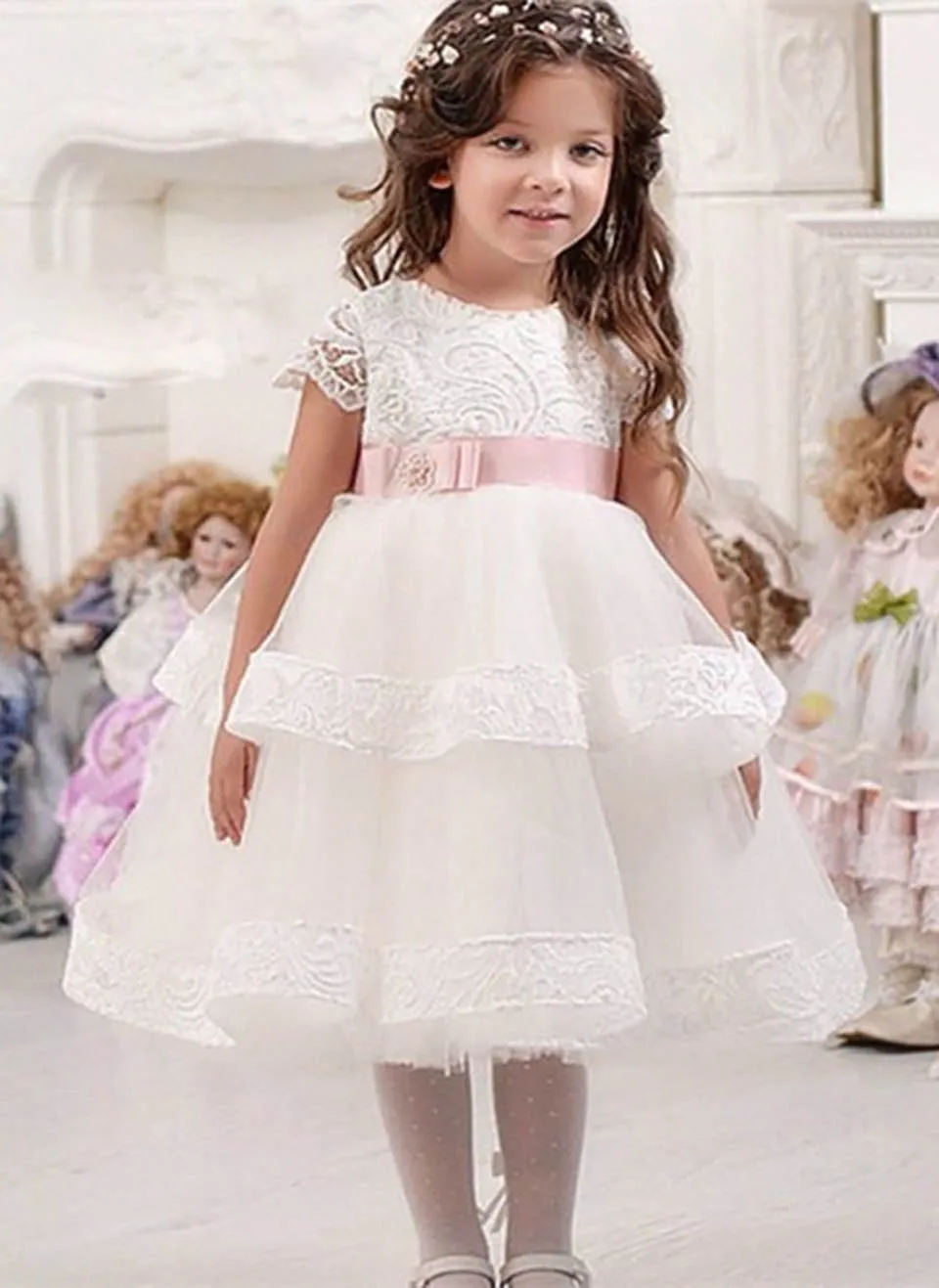 

Wedding Party Events Custom Tea-Length Tulle Flower Girls Dresses Applique Girls Pageant Birthday Christmas Kids Formal Wear