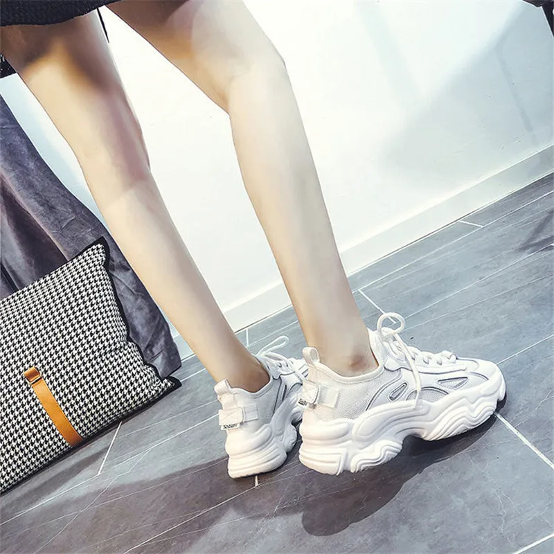 

White Breathable Tennis Basketball Sneakers Women Platform Chunky Wedges Dad Shoes Fashion Harajuku Casual Black Lace Up Zapatos