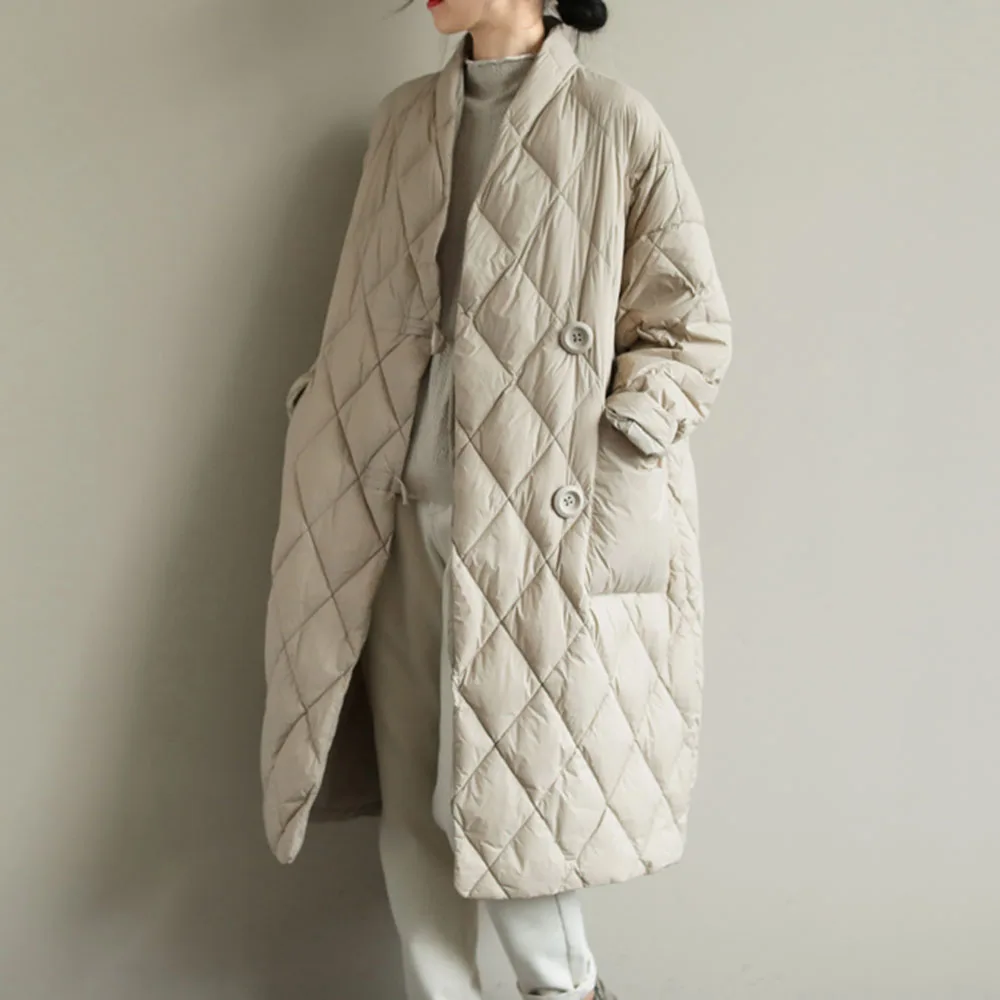 

Single-Breasted Patchwork A Line Long Women's Cotton Jacket Loose Thicken Solid Winter Female Coat Patchwork OL Commuter Outwear