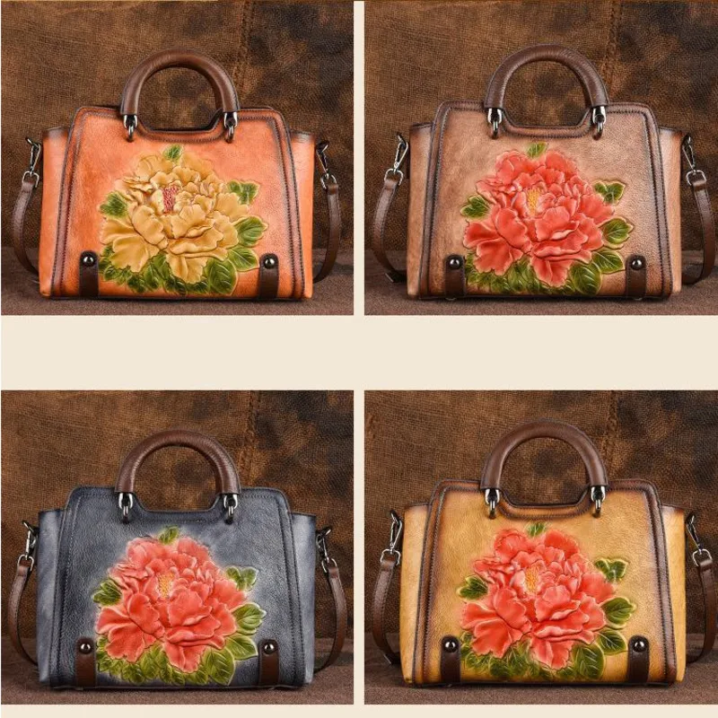 

Handmade Retro Genuine Cowhide Leather Women Bag Handbag For Woman Embossed Floral Female Shoulder Crossbody Bags Real Leather
