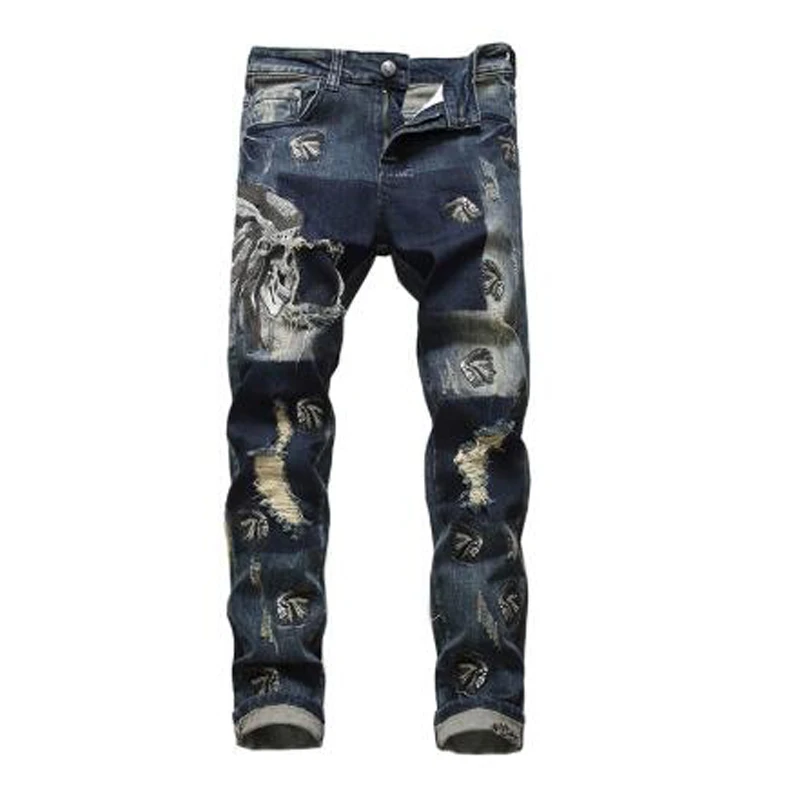 

New Men's all-match tribe chief embroidery ripped Korean jeans Holes distressed blue stretch Embroidered denim pants trousers
