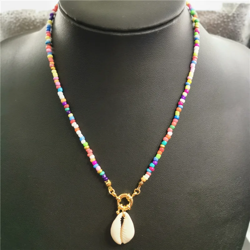 

New Arrival 3mm 17 Style Colorful Beads Necklace For Women Bohemian Natural Shell Pendant Necklace Gold Color Long Jewelry 2019