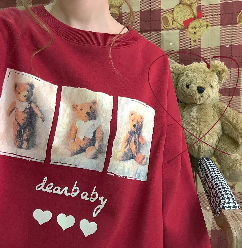 Осень и зима мягкий рисунок с милым медведем Kawaii милый Свитшот плюс бархатное худи толстовки с длинными рукавами женские свободные топы