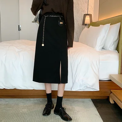 Женская шерстяная юбка средней длины приталенная трапециевидная с высокой