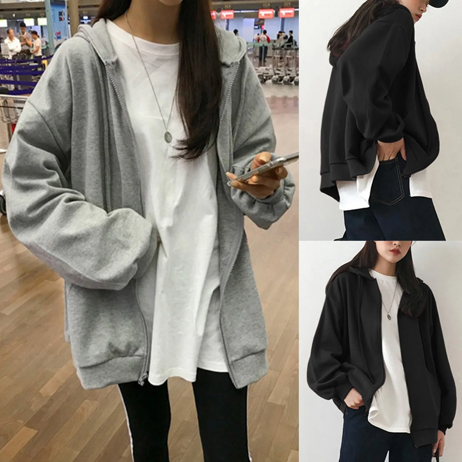 

Fashion Women Cardigan Solid Color Hooded Top Long Sleeve Blouse Loose Coat