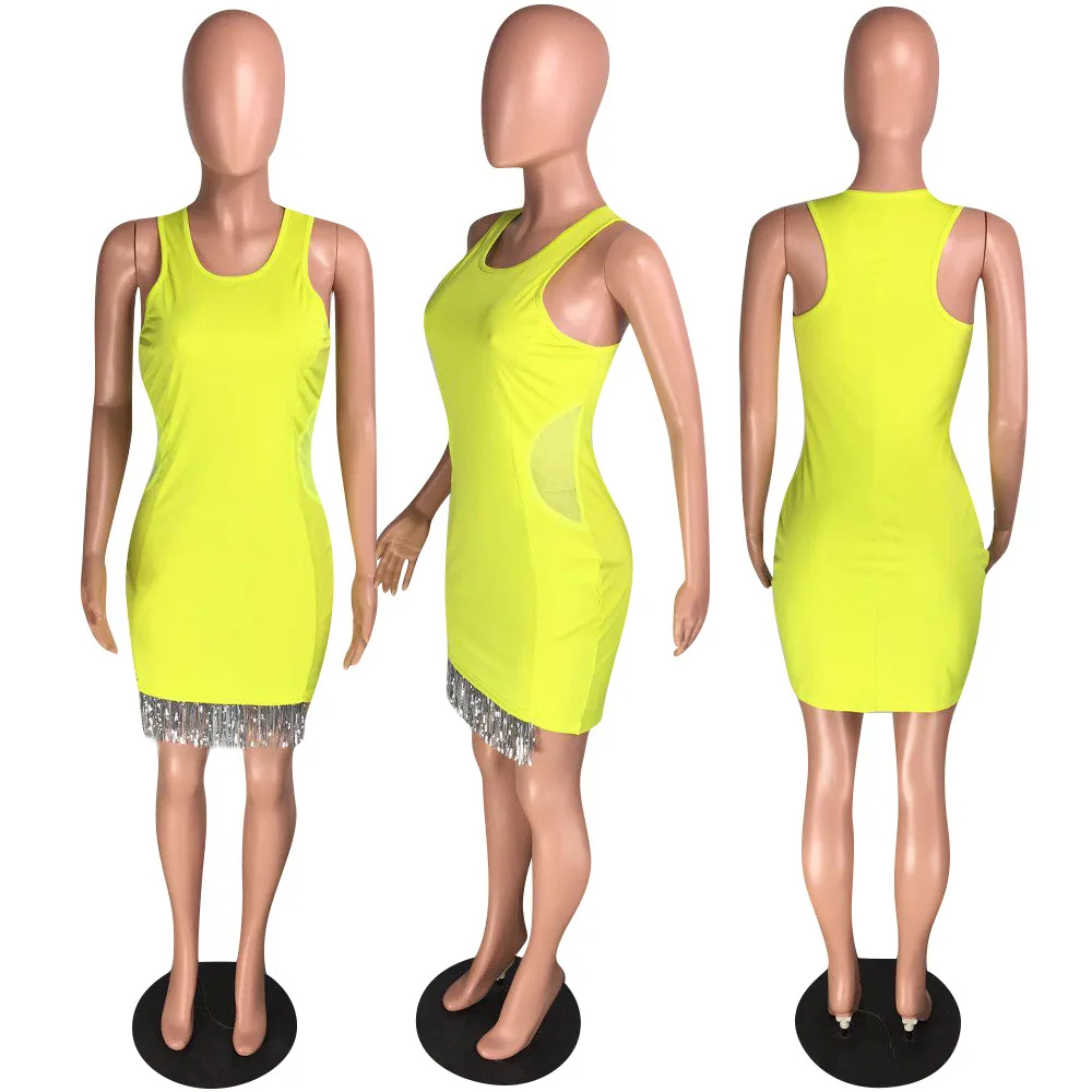 2019 сексуальное Сетчатое облегающее короткое платье с кисточками круглым вырезом