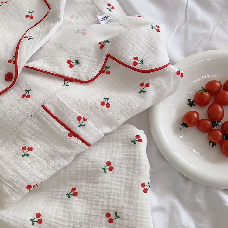 

women cotton long sleeve pajamase set cherry home clothes lapel collar pocket shirts pants 2 piece set sleepwear home set Y112