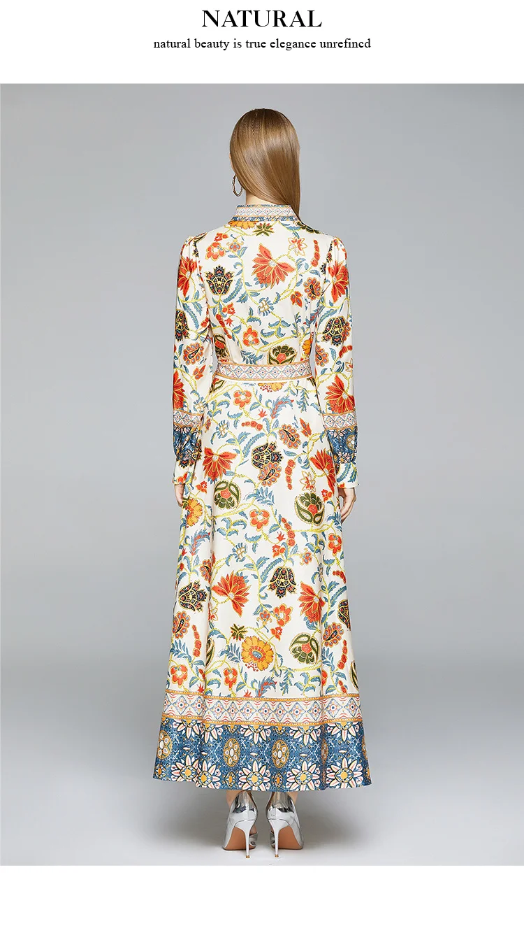 Женское однобортное платье с винтажным принтом длинное рукавом-рубашкой