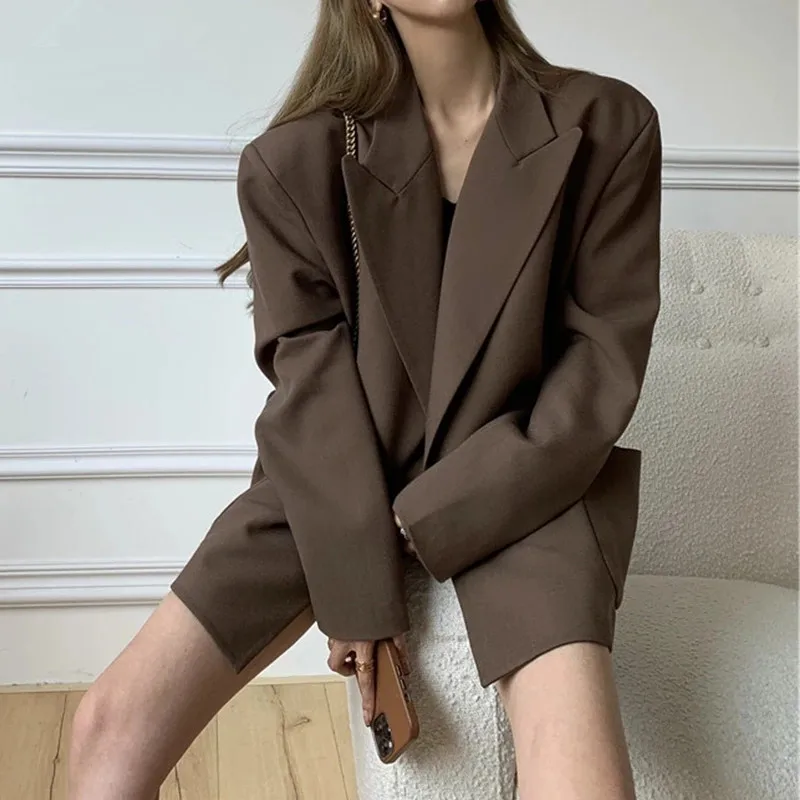

Women Vintage Classic Suit Jackets Oversized Single-breasted Notched Blazer 2021 Spring Loose Casual Office Lady Business Coat