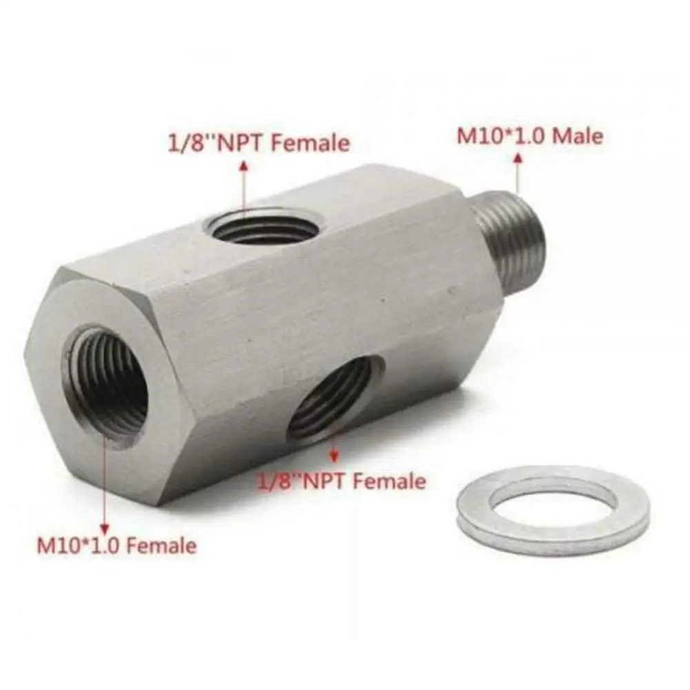 

1/8 Inch Steel NPT Oil Pressure Sensor Tee To M10 10x1.0 Male Adapter Turbocharged Oil Supply Line Silver
