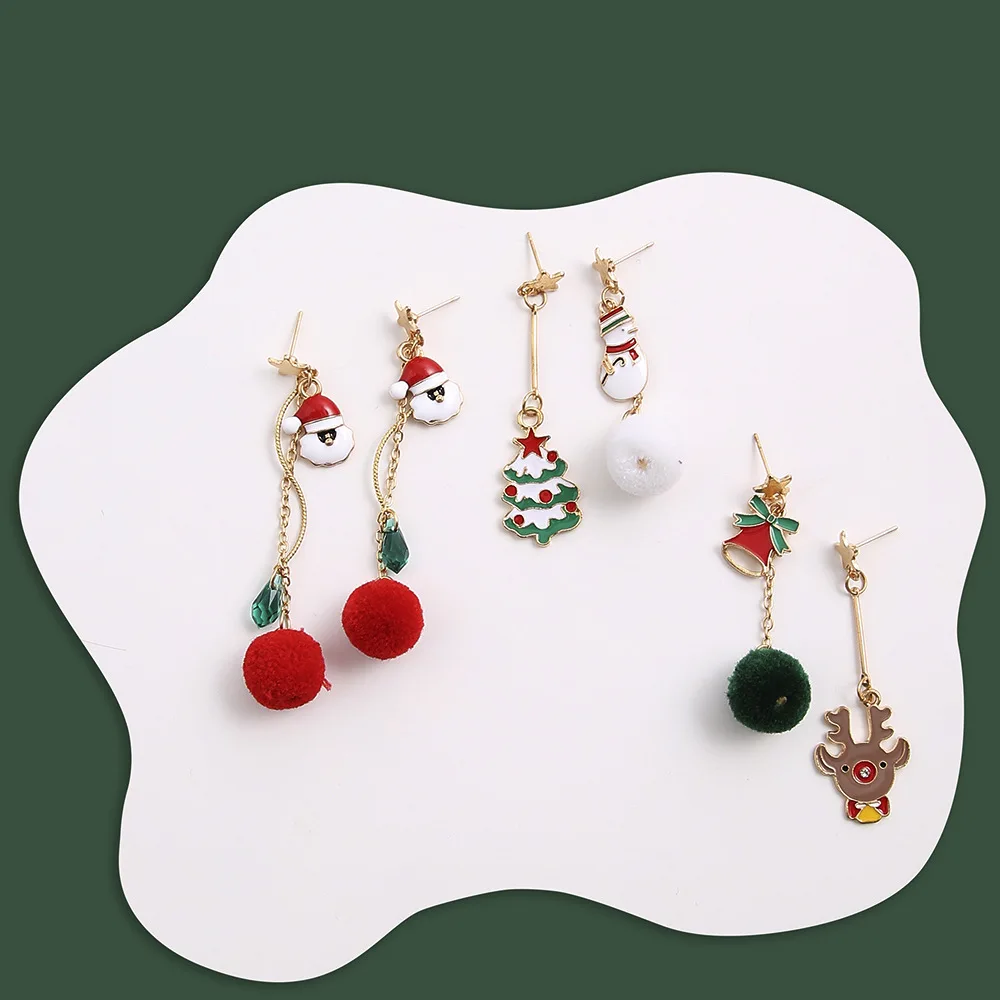 

Christmas Earrings Cartoon Asymmetrical Fur Ball Snowman Christmas Tree Old Man Bell Holiday Gift Snowflake Earrings for Women