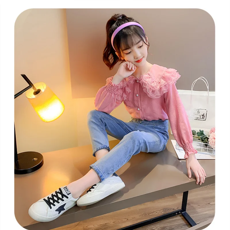 

Ruffle Spring Autumn Baby Girls Suit Blouse + Jean 2pcs Kids Teenage Outwear Children Clothing High Quality