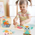 3D Деревянный пазл с мультяшными животными, детские игрушки Монтессори, Детский обучающий деревянный пазл для детей, набор строительных игрушек для мальчиков и девочек