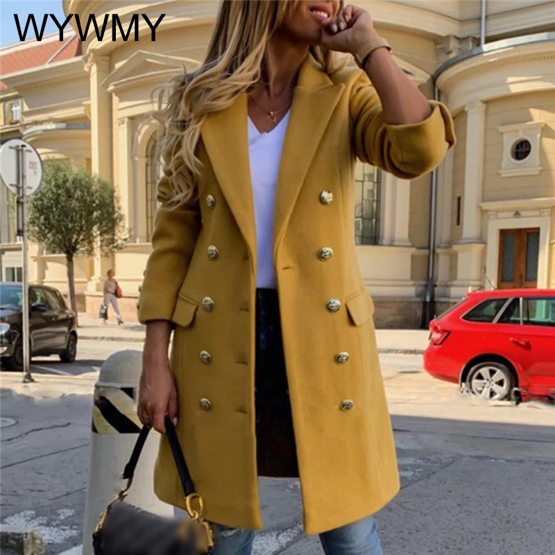 

WYWMY Fashion Blended Wool Coat for Woemn Spring Autumn New Lapel Slim Woolen Trench Coats Elegangt Double Breasted Long Jacket