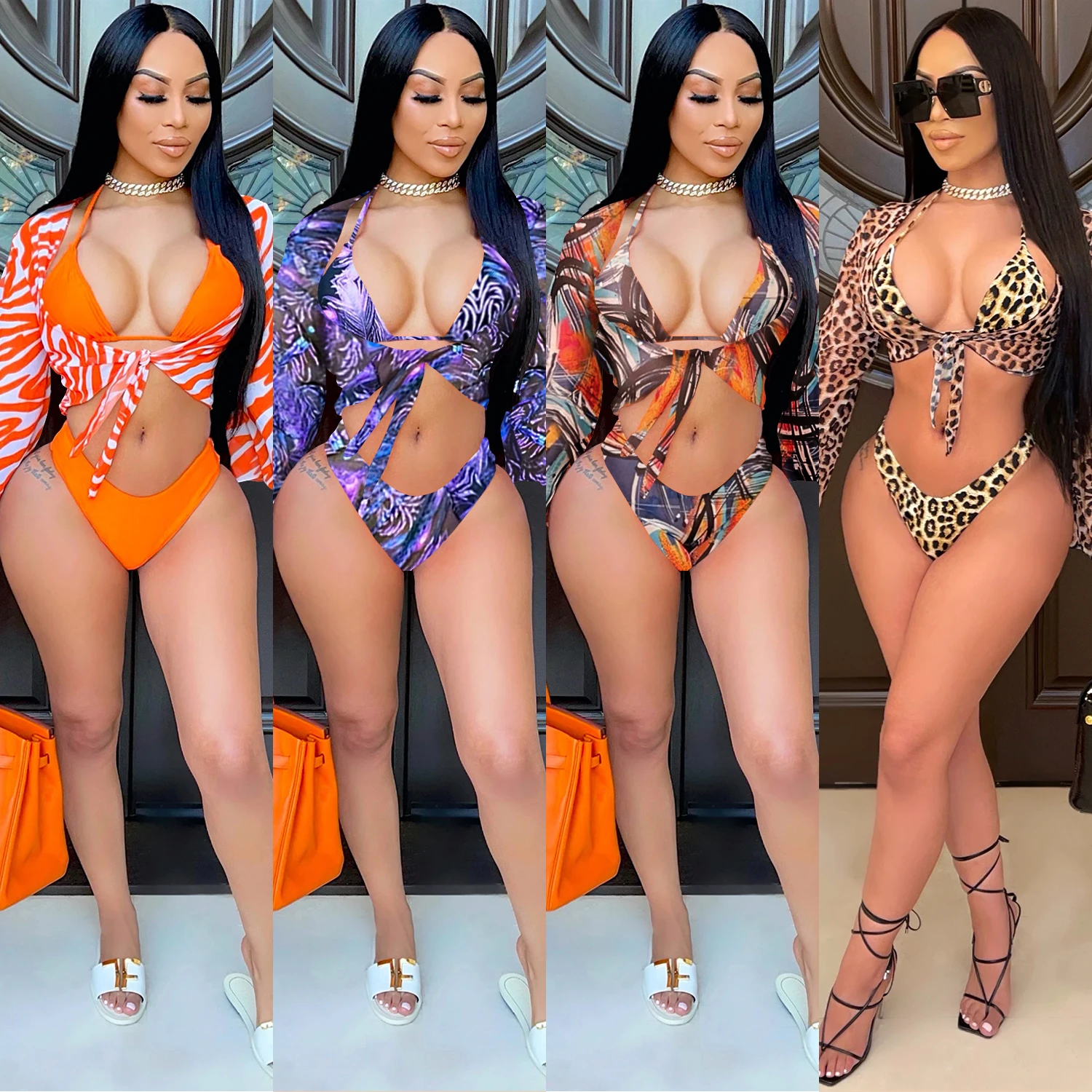 

2021 Sexy Female Beach Bikini Sets Women's 3pcs Bandage Halter Brazilian Bikinis Micro Bikini With Cover-Ups Women Beachwear