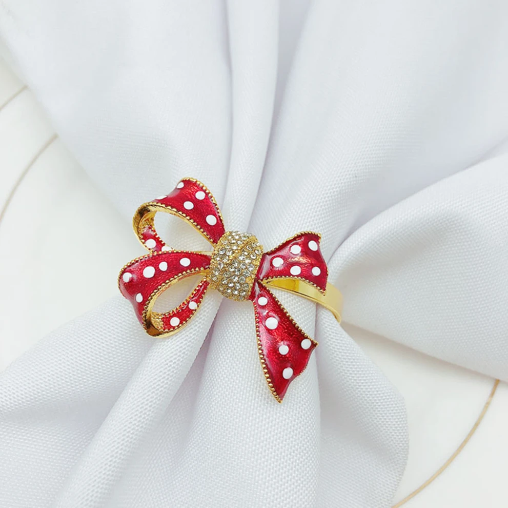 

6pcs/lot Christmas red bow napkin ring diamond napkin buckle holiday party desktop napkin ring decoration