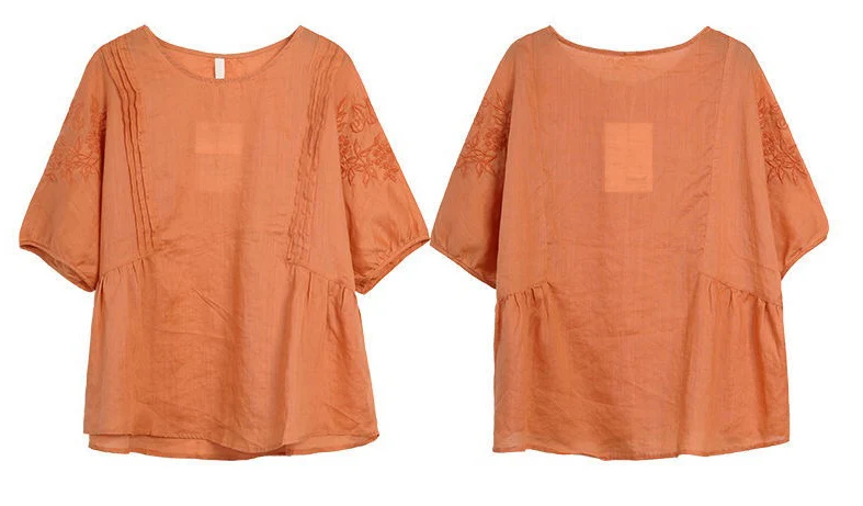 Женская свободная льняная блузка с вышивкой рубашки рукавом до локтя 4xl