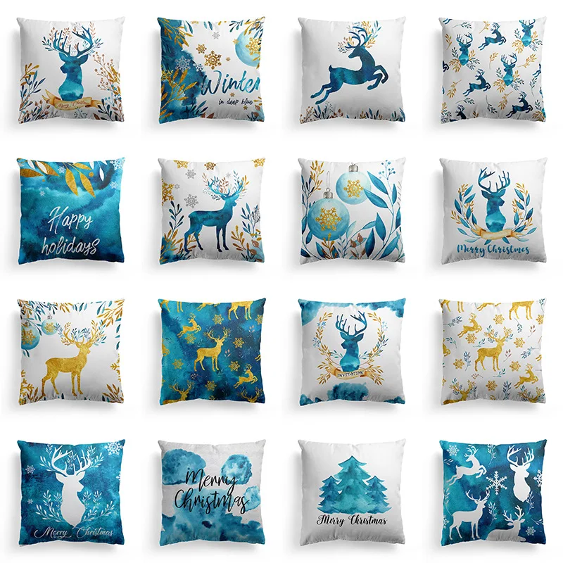 

Merry Christmas Cushion Cover Xmas Blue Watercolor Elk Pillowcase Polyester Throw Pillows Covers Happy Holiday Festive Supplies