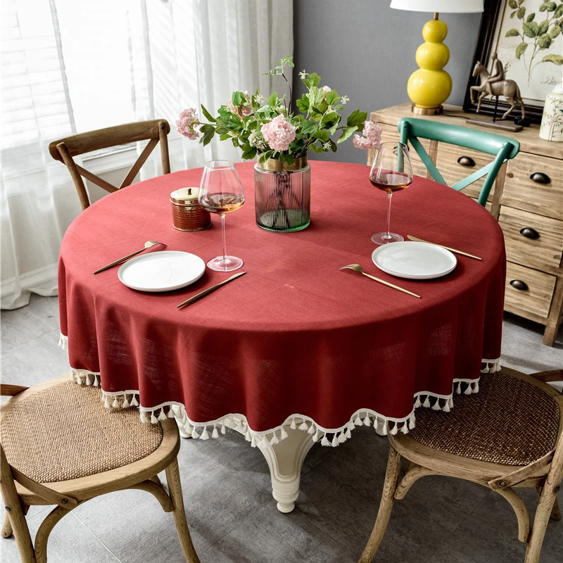 

Nordic Waterproof Solid Color Imitation Cotton Linen Round Table Tassel Lace Table Living Room Household Table Cloth