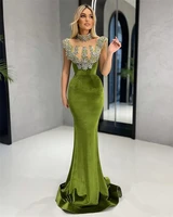 high neck sleeveless olive green lllusion evening dresses dubai women wedding party gowns crystal velvet mermaid prom dress