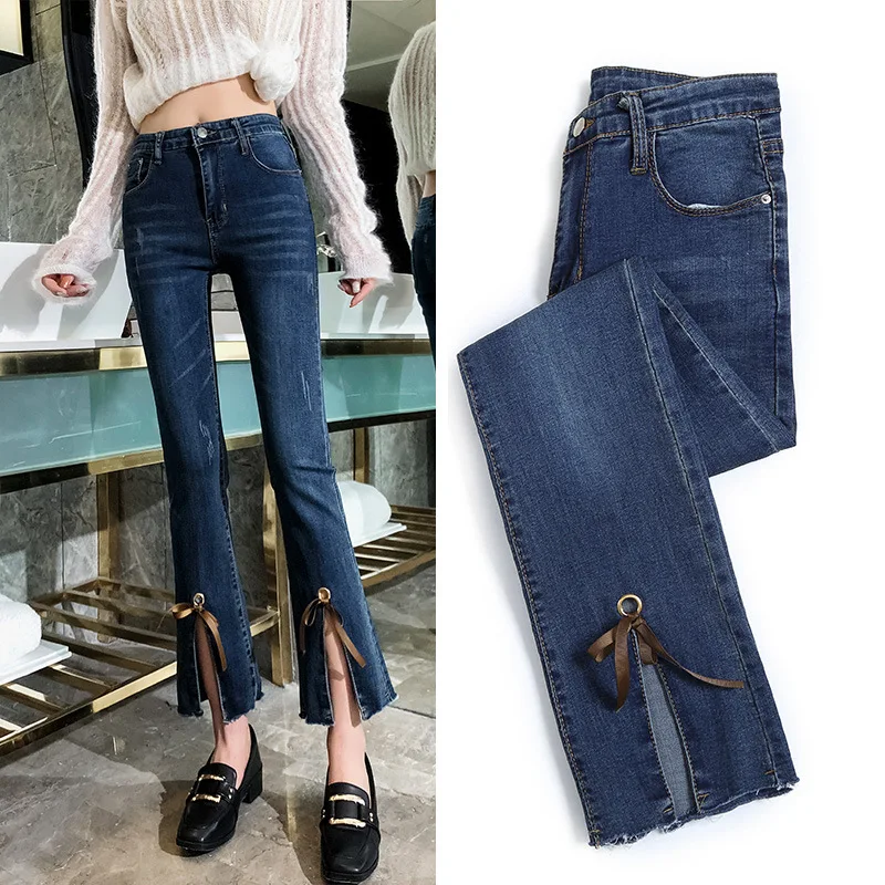 2019Mom Black High Waist Flare Jeans Boyfriend Bell Bottom Denim Skinny Woman's Female Wide Leg Vintage Plus Size XL | Женская