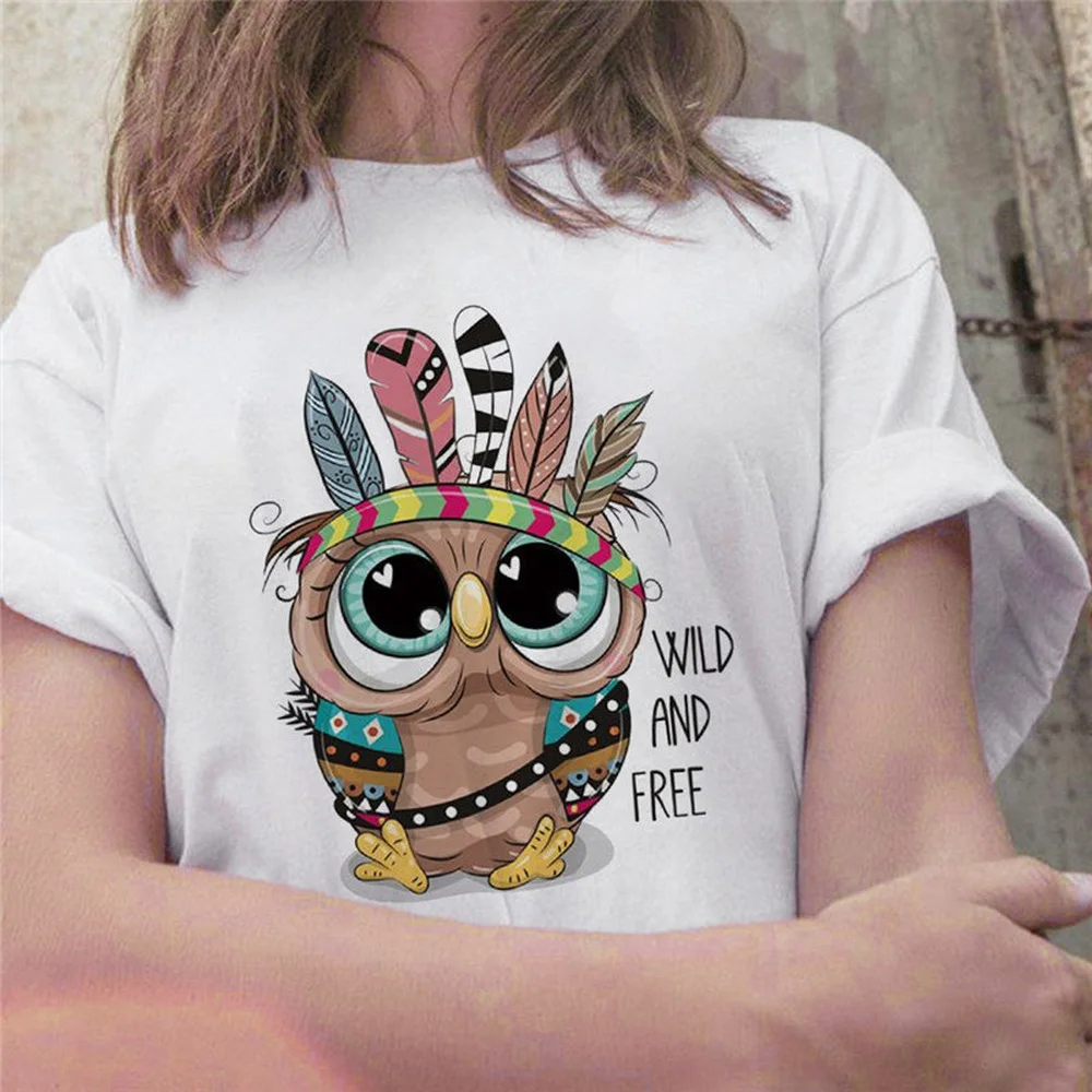 

2021 New Tops Trend Cute Owl Women Print Ladies T-shirt Casual Basics O-collar White Shirt Short Sleeve Ladies T-shirt,Drop Ship
