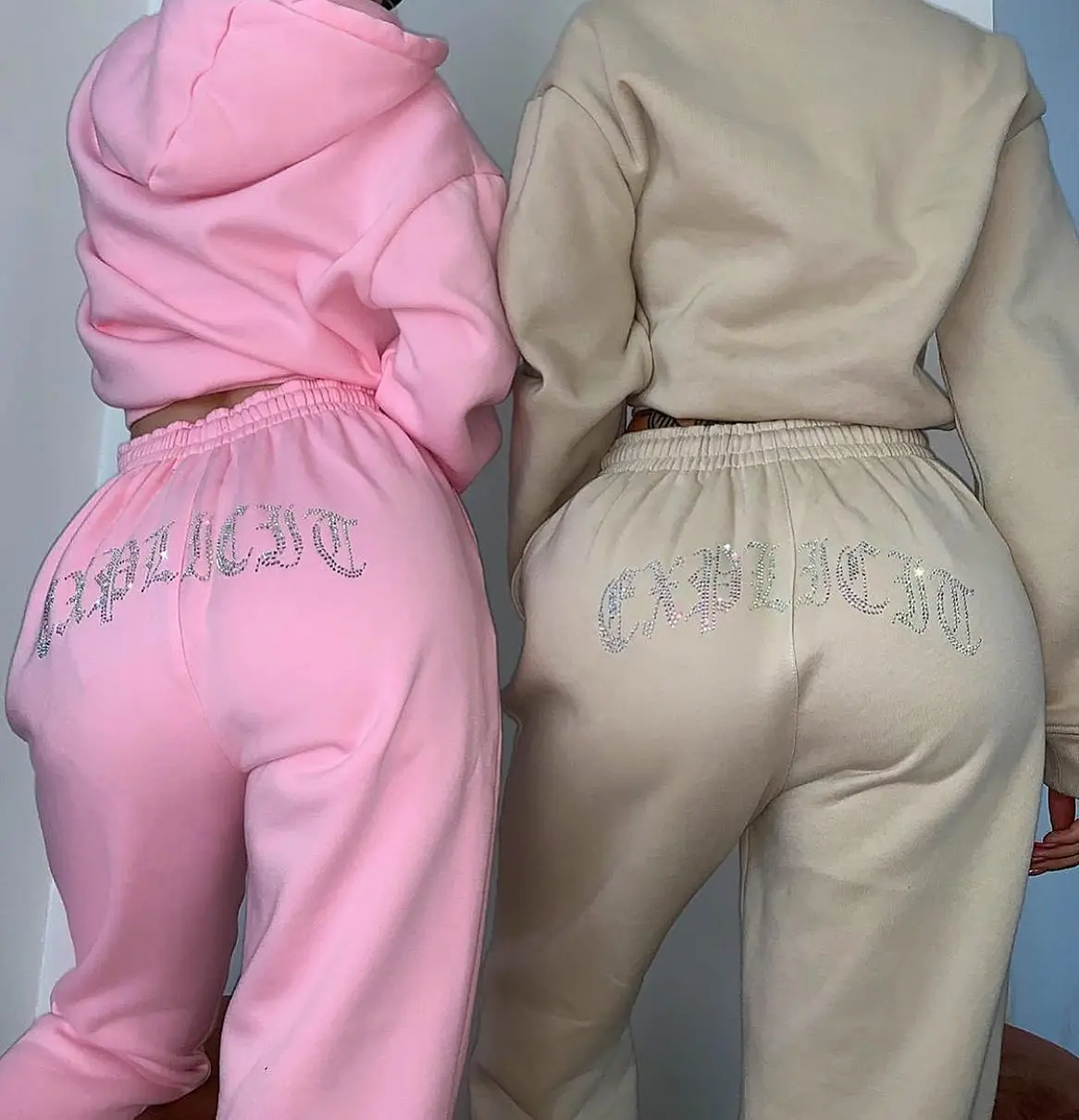 

2021 New Diamante Rhinestones Letter Activewear Hooded Tops Long Pant 2 Piece Winter Outfits Embellished Casual Tracksuit