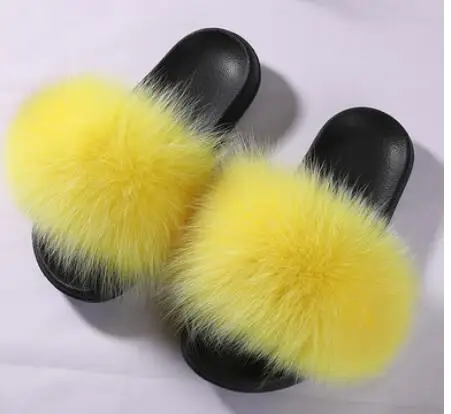 Yellow Женские меховые Тапочки большого размера; женские шлепанцы без задника с натуральным лисьим мехом; домашние сандалии с лисьим мехом; женские меховые тапочки; женская домашняя обувь на плоской подошве - Цвет: Yellow