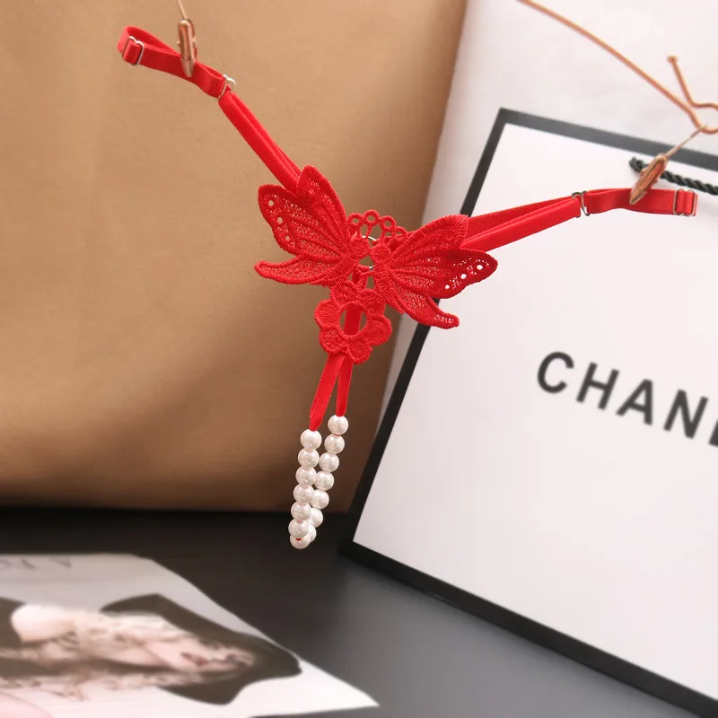 Женские кружевные трусики стринги с жемчужной подвеской женские вышивкой