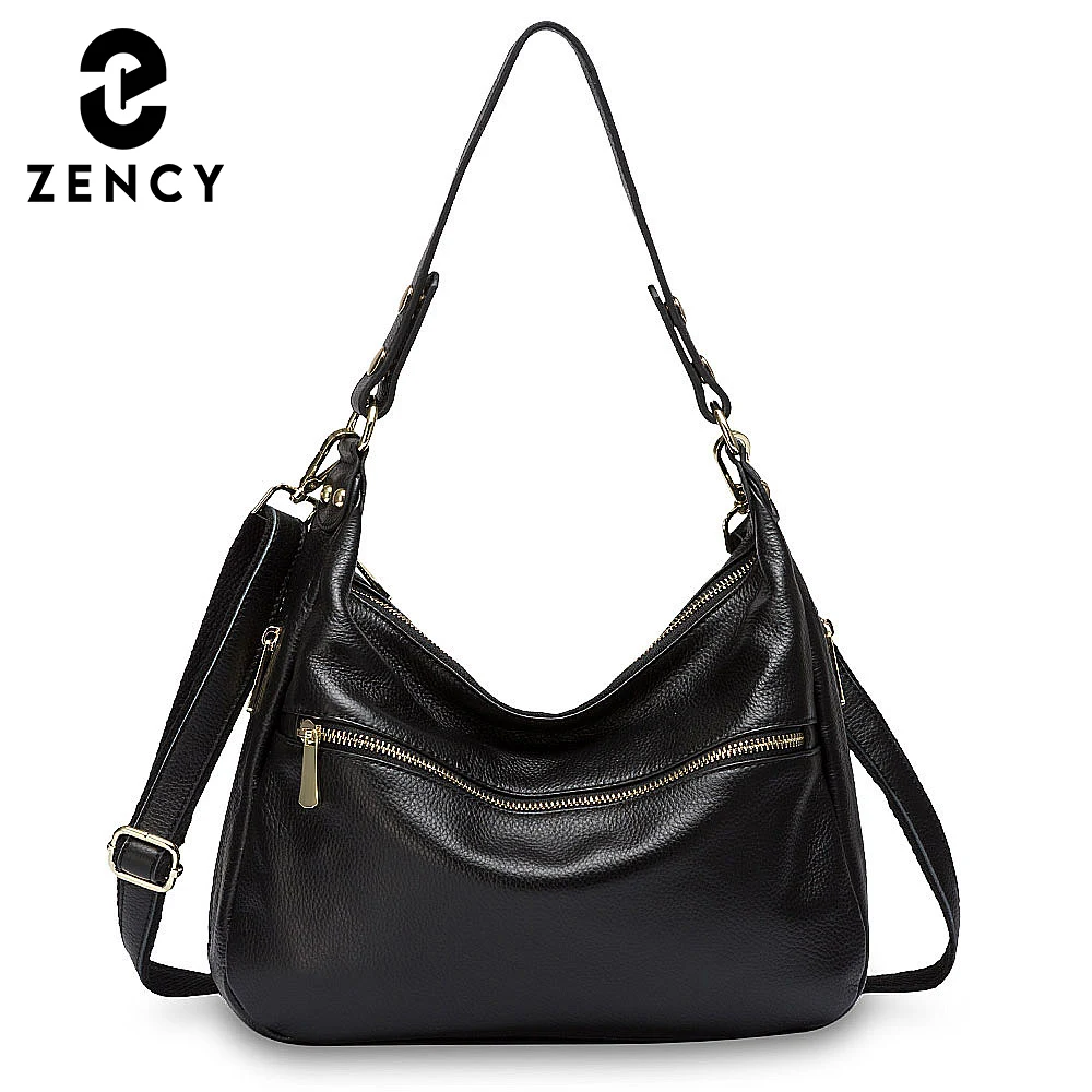 Zency Luxury Women Shoulder Bag 100% Genuine Leather Tote Handbag Large Capacity Hobos Fashion Lady Crossbody Purse Black Grey
