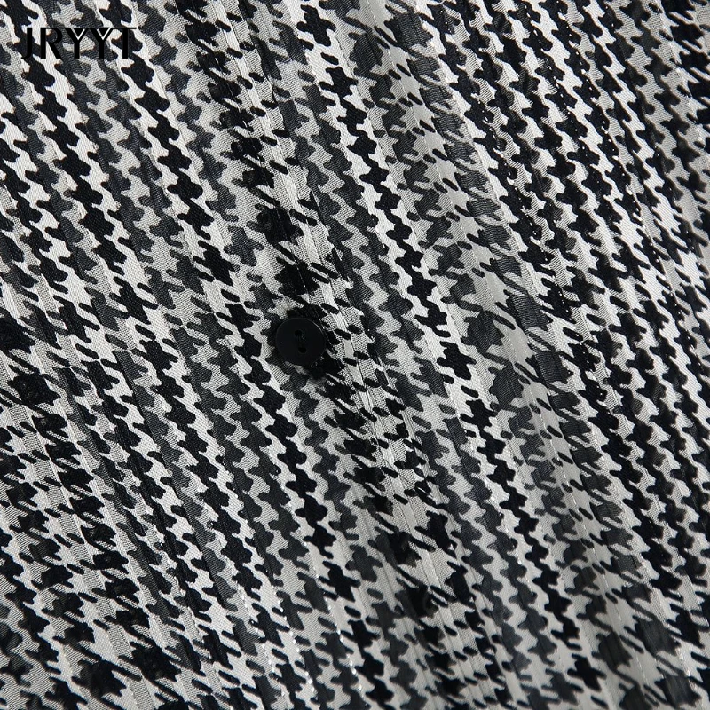 

Women's New Houndstooth Long Sleeve Casual Blouse Loose Pocket Single-Breasted Shirts Oversized Button Up Tops Korean Style