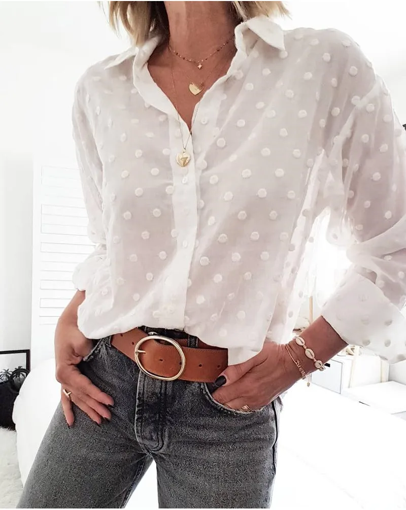

Fashion Womens Tops and Blouses Polka Dot Long Sleeve White OL Shirt Ladies Loose Blouse Tops Ladies blusa feminina Plus Size