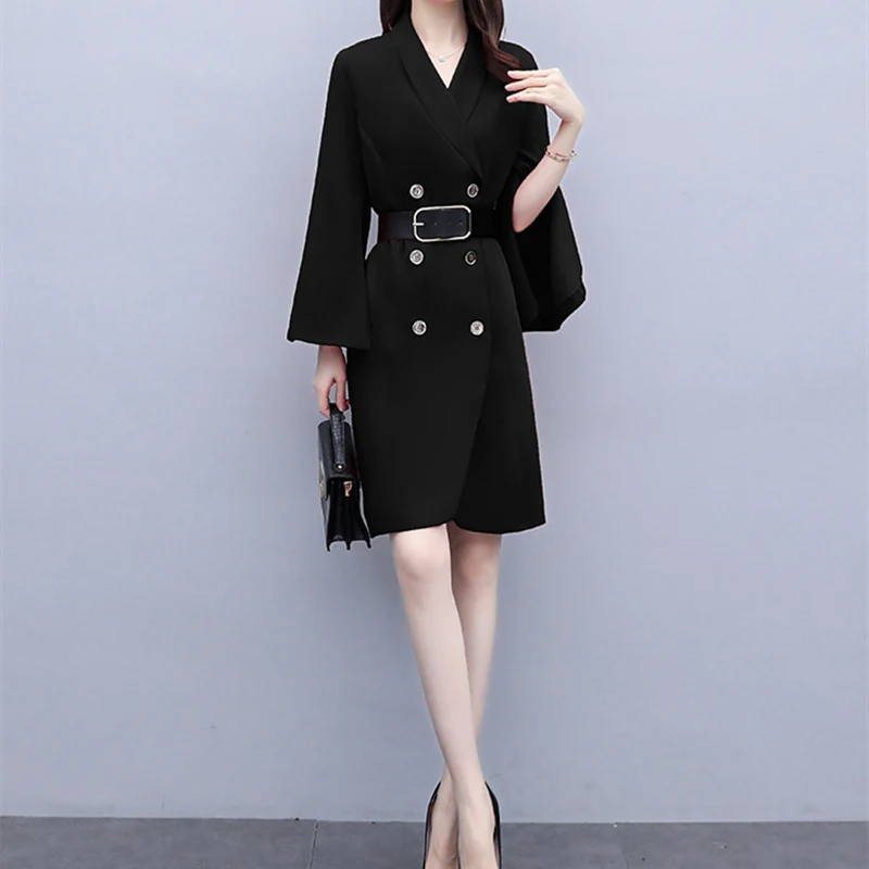 

Plus Size Flying Sleeve Dress Double Breasted Suit Collar Belt Thin Waist Oversized Dresses 2021 Spring Autumn Women Clothing