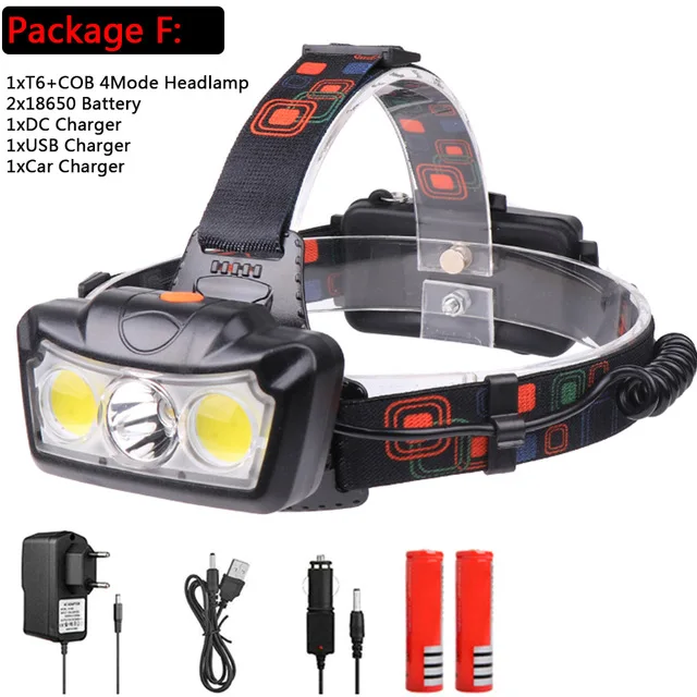 packet F Pocketman 30000LM светодиодный налобный фонарь T6+ COB светодиодный головной фонарь, фонарик, головка фонаря, лампа для использования 18650 аккумулятора для кемпинга - Испускаемый цвет: packet F