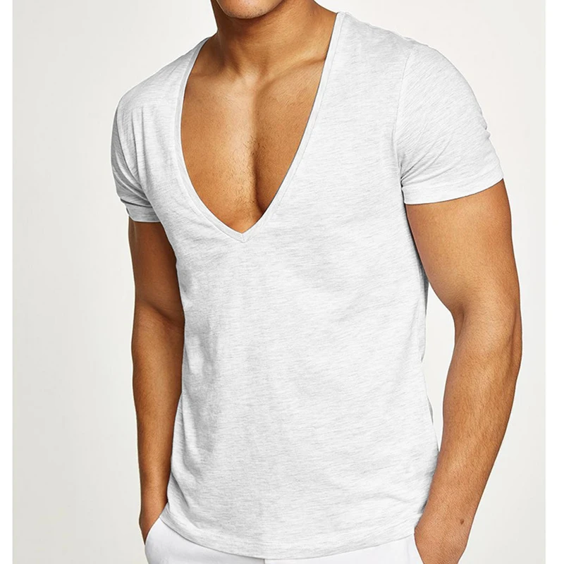 

Men's T Shirt Summer 2021 Sexy Zipper Tee Casual Short Plain T Shirts Deep V-neck Sport Cotton Tees White Men Tops