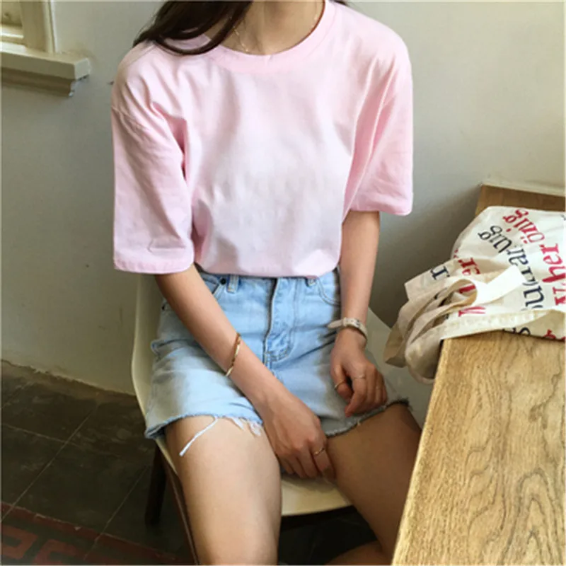 

95% Cotton Candy Colors T Shirt Summer Women Loose Solid Tee Shirt Female Short Sleeve Tops Tees Causal O-Neck Basic T-shirt