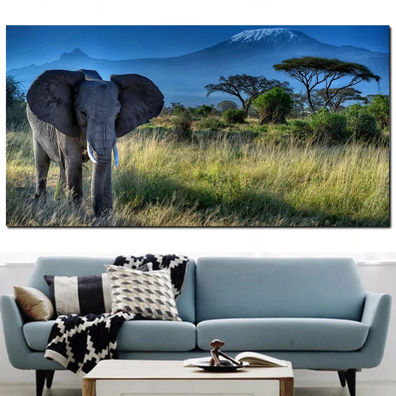 

Elephant Animal Mount Kilimanjaro Landscape Oil Painting on Canvas Poster and Print Abstract Art Wall Picture for Living Room