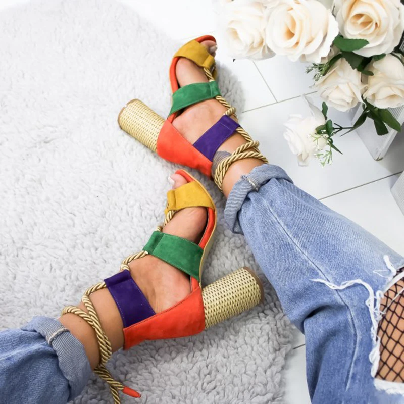 New Women Sandals Shoes Mixed Colors Lace-Up Flock Shallow Round Heels 7CM Thick High Casual Female Pumps Plus Size | Обувь