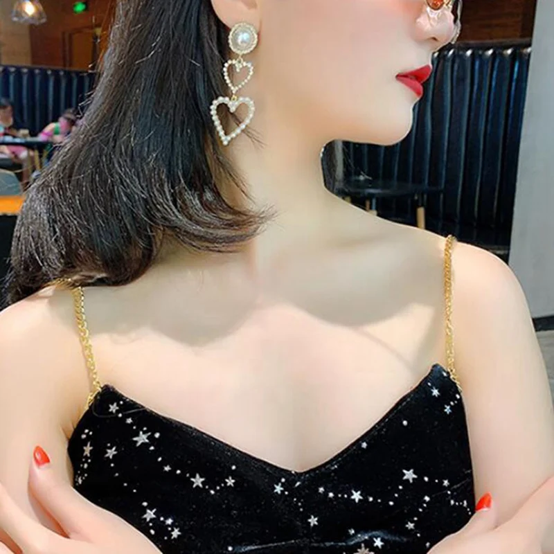 

925 Silver Needle Earrings Female Love Imitation Pearl Rhinestone Long Fashion Temperament Accessories