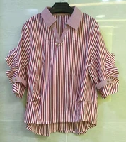2021 autumn fashion striped blouse high qulaity women turn down collar stripe print 34 sleeve casual red blue cotton shirt