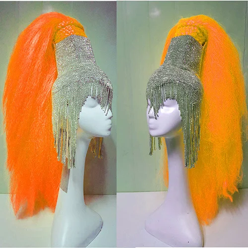 Orange Wig Голографическая горящий человек блестящие стразы парик головной убор части головы рейв сценический танцор Dj певица одежда шляпа с кисточкой костюмы - Цвет: Orange Wig