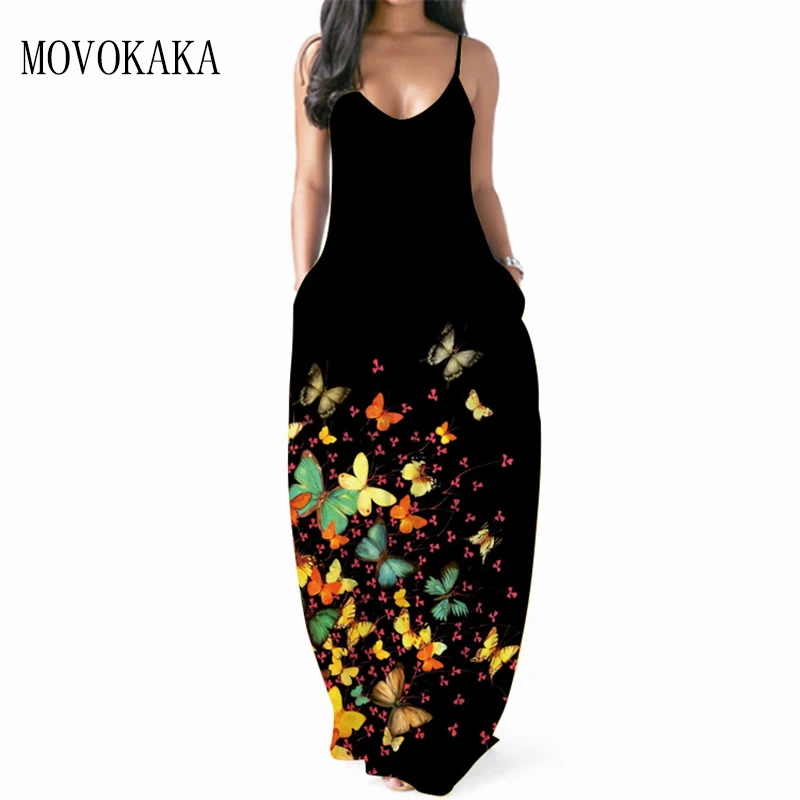 

MOVOKAKA Sexy Strap Dress Women 2021 Summer Beach Sundresses Elasticity Vestidos Long Dresses Party Butterfly Print Dress Black