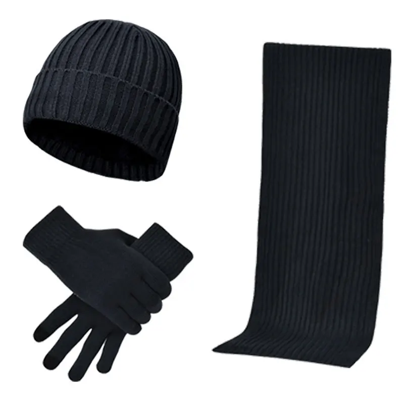 

Winter Black Beanie Hat Scarf Set For Men Knitted Outdoor Warm Scarf Hat Touch Screen Gloves Sets Skullies Beanies Hat Scarf Set